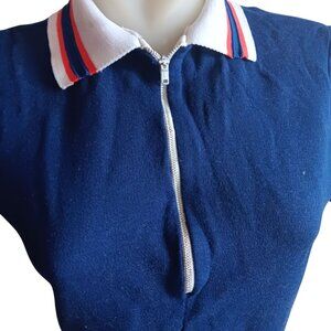 Vintage 70's Top Women's Medium 1/4 Zip Polo Top Shirt Sears Nylon Ringer Blue